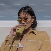 Young Woman Drinking Juice Wearing Sunglasses Outdoors Casual Fashion