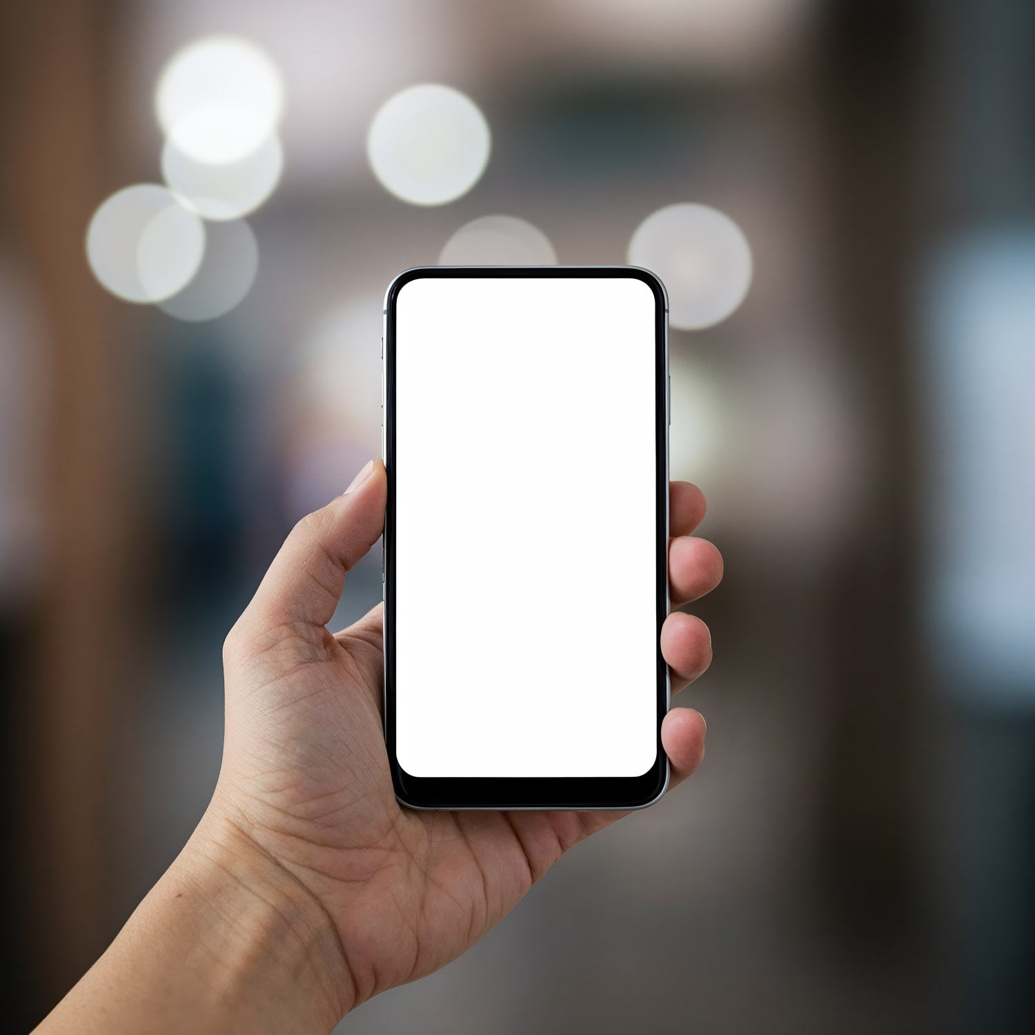 Ręka trzymająca smartfon z pustym, białym ekranem
