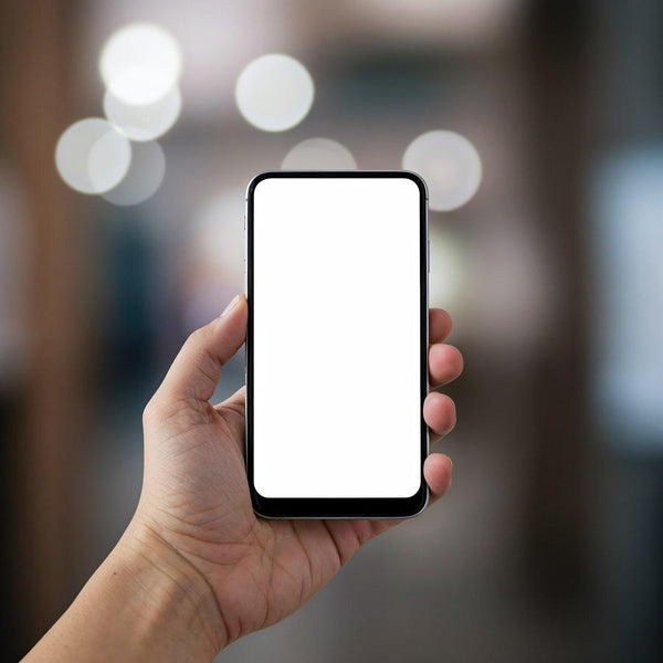 Hand Holding Smartphone with Blank White Screen JPG Mockup Image