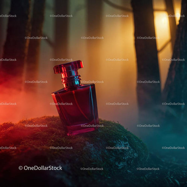Elegant Red Perfume Bottle in Mystical Forest Scene JPG Mockup Image