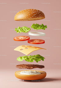 Deconstructed Cheeseburger Ingredients Floating on Soft Background