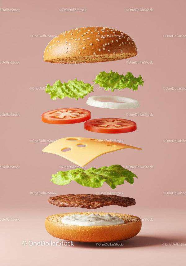 Deconstructed Cheeseburger Ingredients Floating on Soft Background