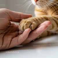 Human hand holding a ginger cat paw gently