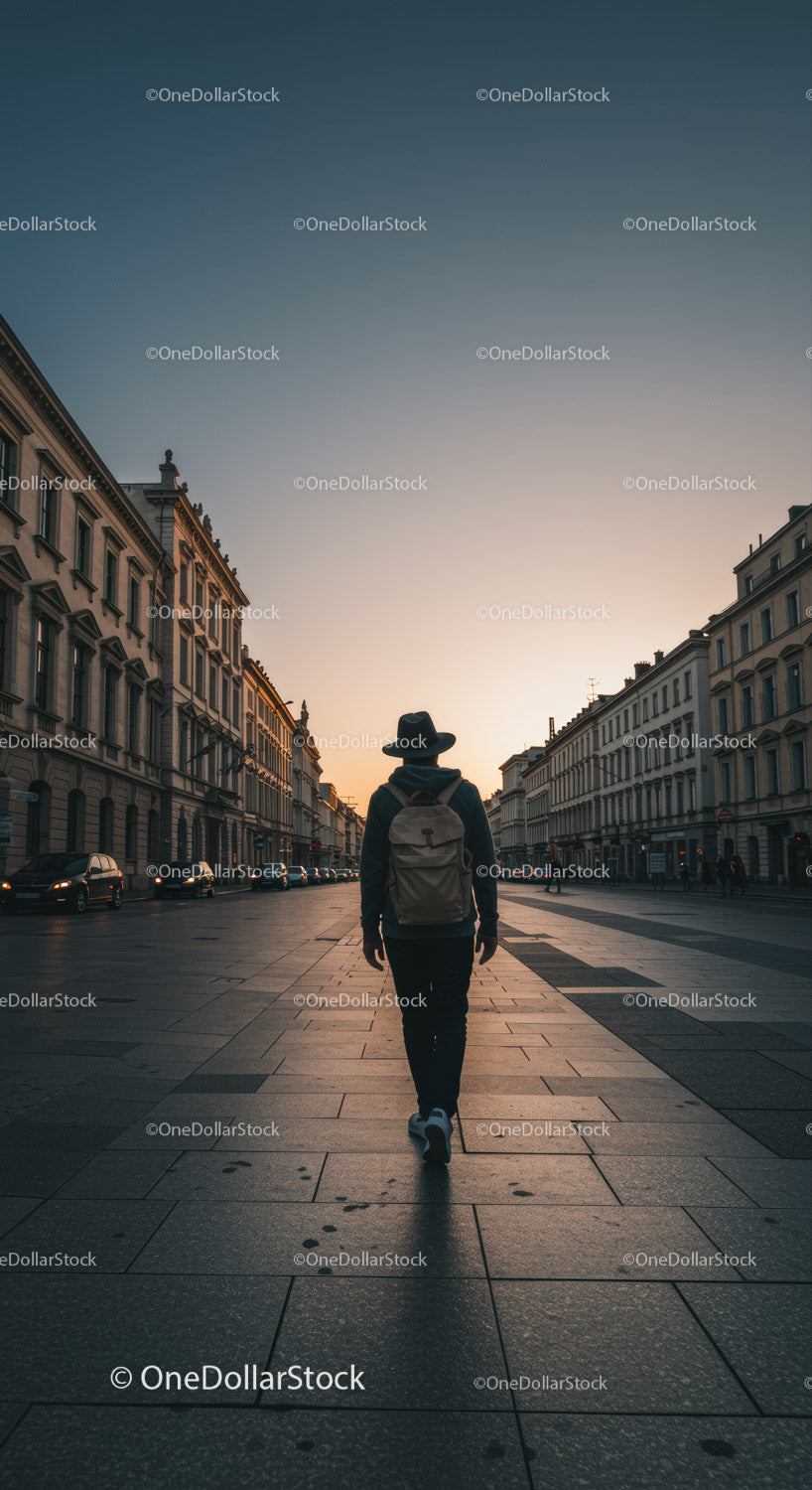 Urban City Street Scene with Walking Person During Sunset