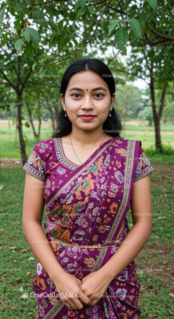 Indian Woman in Traditional Saree in Green Forest Landscape