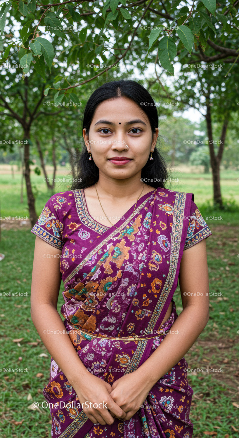 Indian Woman in Traditional Saree in Green Forest Landscape