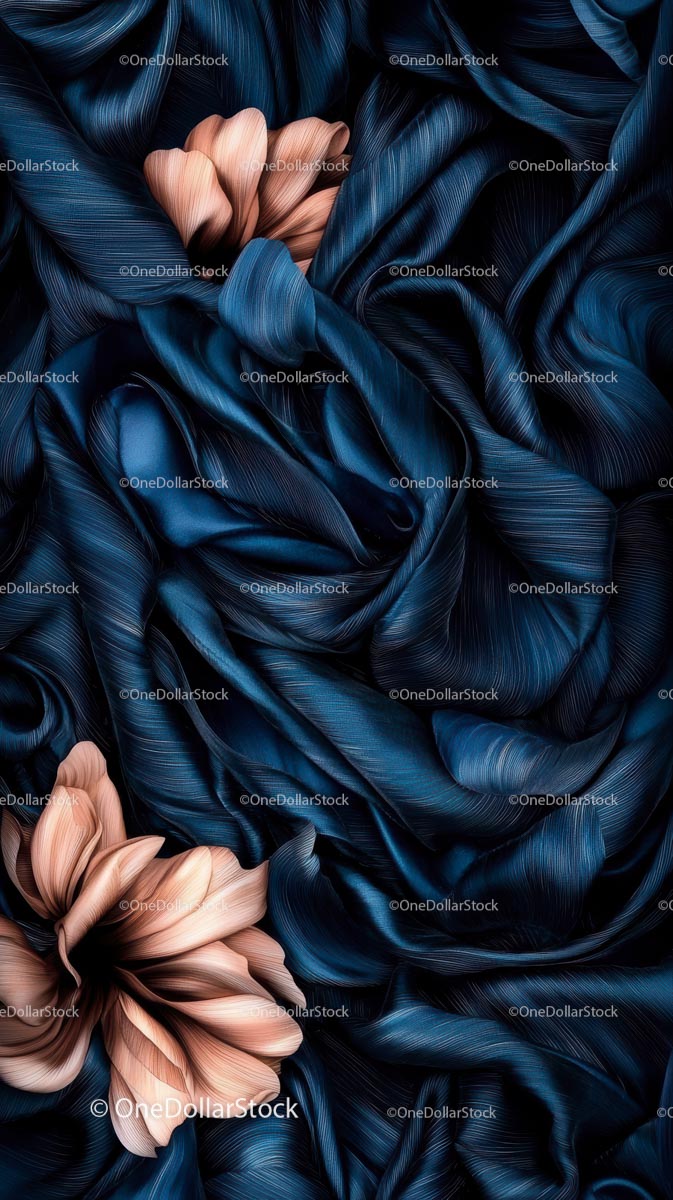 Luxurious Dark Blue Silk Fabric with Peach Flowers for Decoration