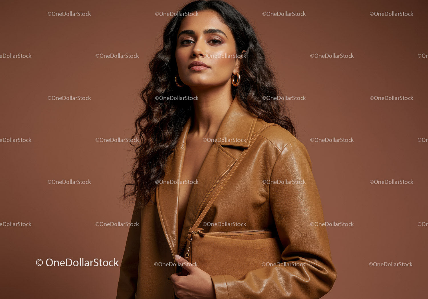 Elegant Woman in Leather Jacket Pose with Brown Background