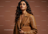 Elegant Woman in Leather Jacket Pose with Brown Background