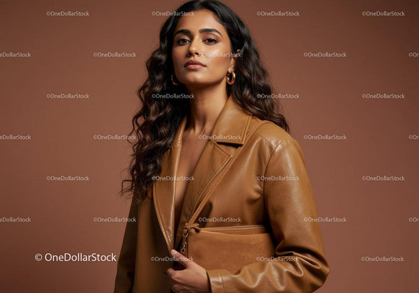Elegant Woman in Leather Jacket Pose with Brown Background