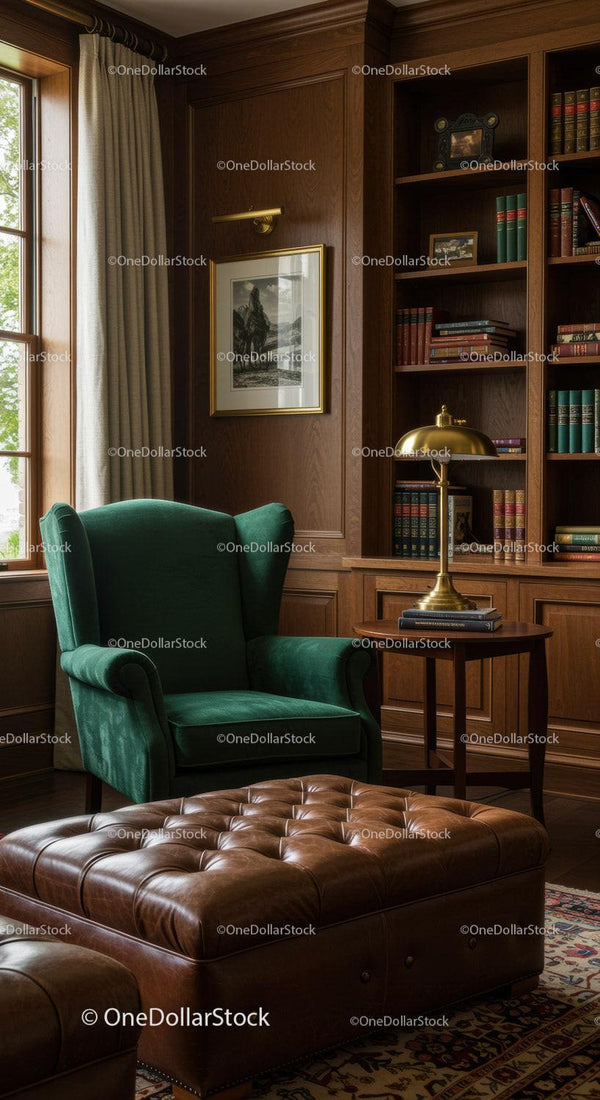 Cozy reading nook with green armchair and leather ottoman