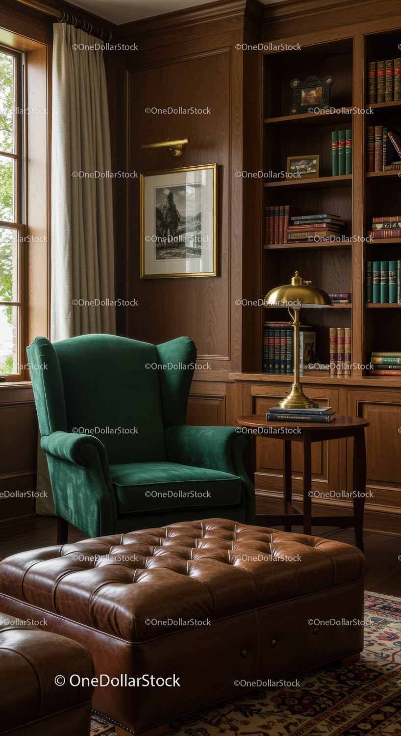 Cozy reading nook with green armchair and leather ottoman