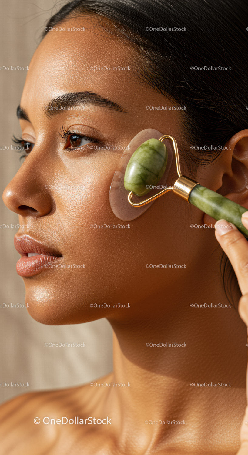 Close-up of Woman Using Jade Roller for Facial Massage