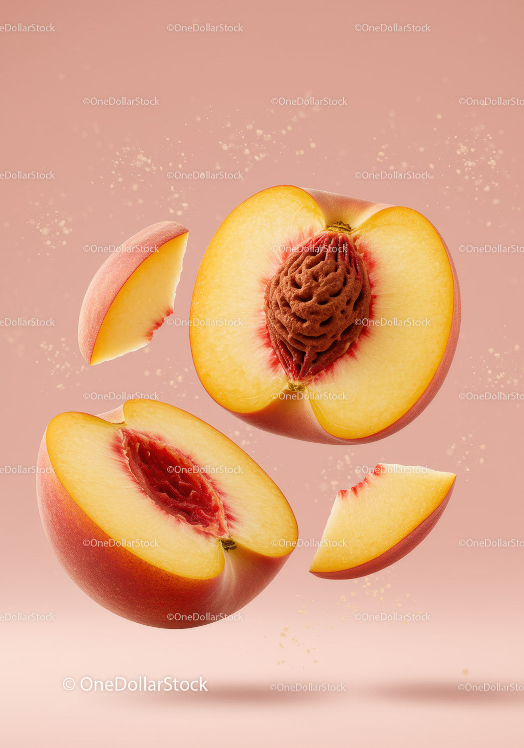 Fresh peach slices with pit floating on soft pink background