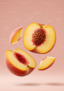 Fresh peach slices with pit floating on soft pink background