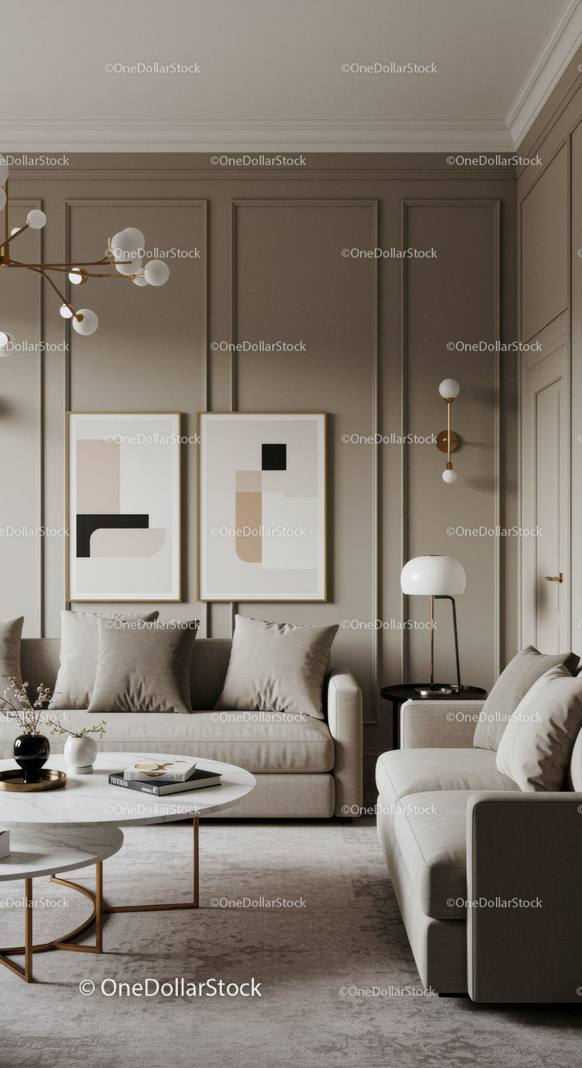 Elegant Contemporary Living Room with Beige Sofa and Wall Art