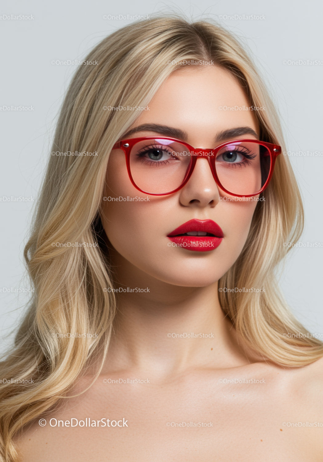 Elegant Blonde Woman Wearing Red Glasses with Bold Lipstick
