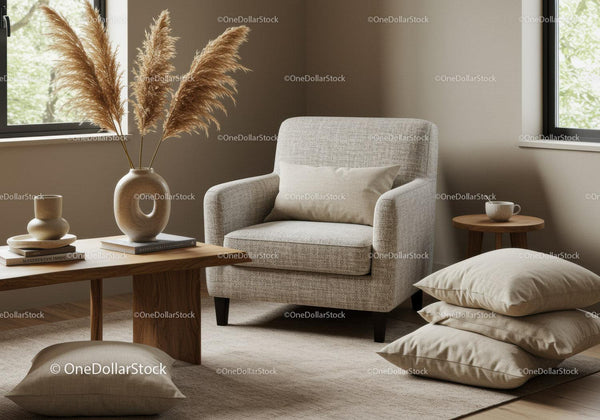 Cozy minimalist armchair with warm neutral decor