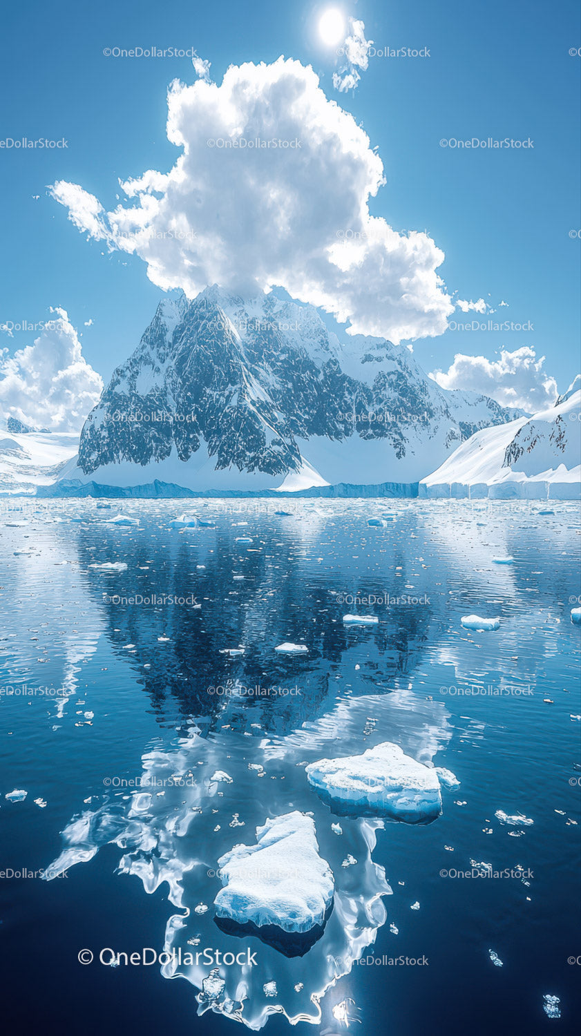 Majestic Snow-Capped Mountain Range with Glacier and Icebergs