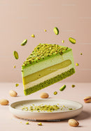 Slice of Pistachio Layered Mousse Cake with Nuts