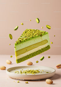 Slice of Pistachio Layered Mousse Cake with Nuts