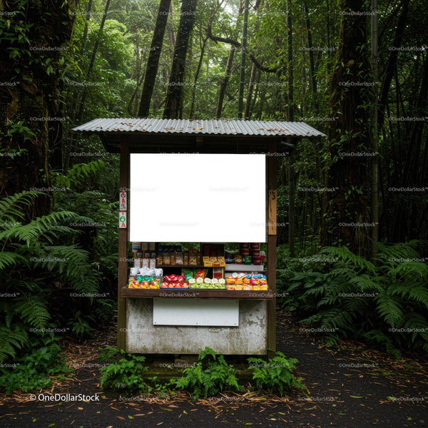 Small Snack Stand Surrounded by Lush Green Forest JPG Mockup Image