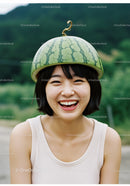 Smiling young woman wearing watermelon helmet outdoors
