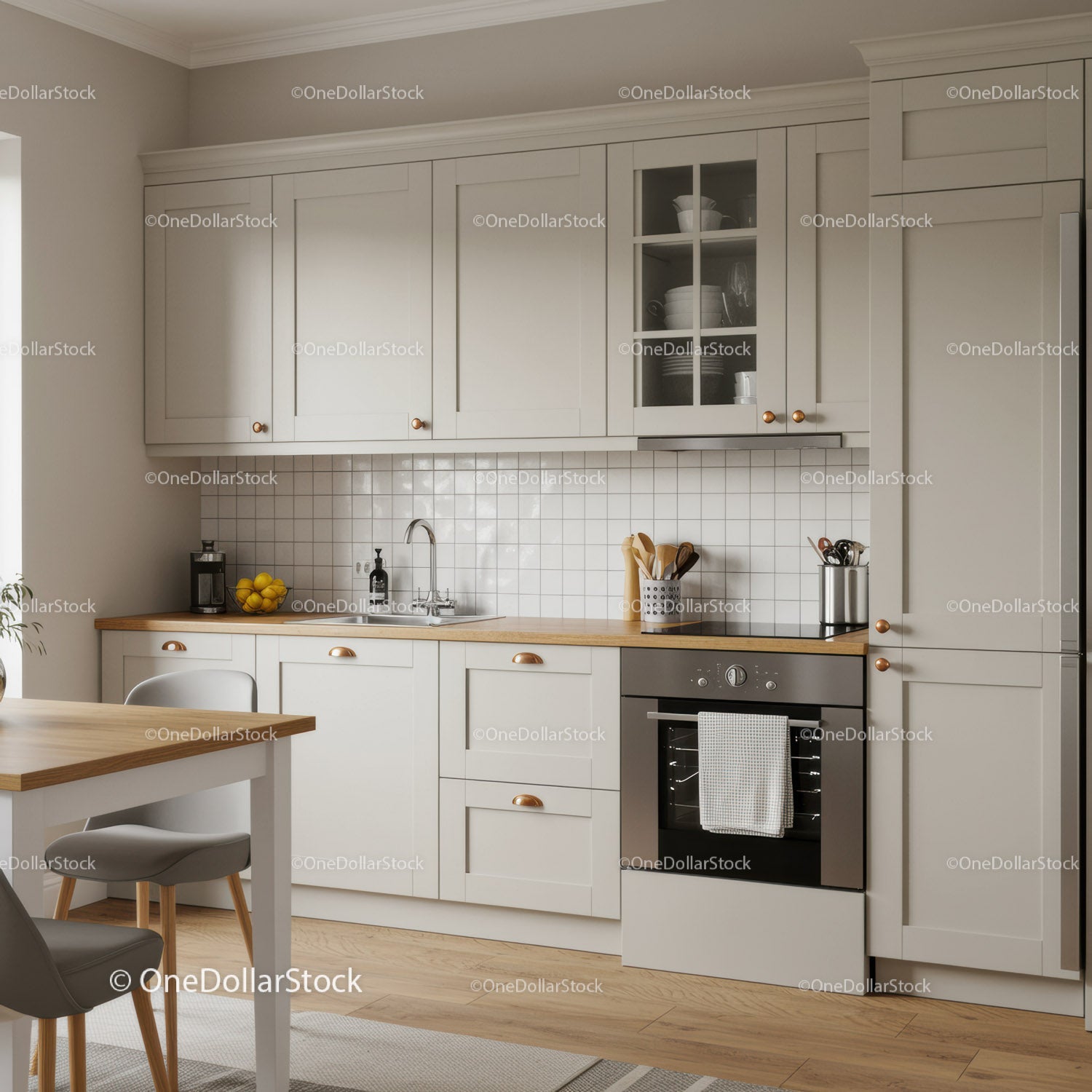 Modern White Kitchen with Wooden Countertop and Stainless Steel Appliances