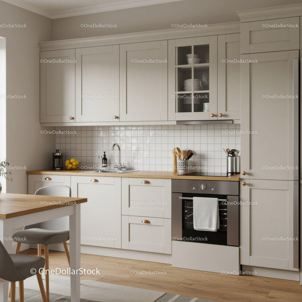 Modern White Kitchen with Wooden Countertop and Stainless Steel Appliances