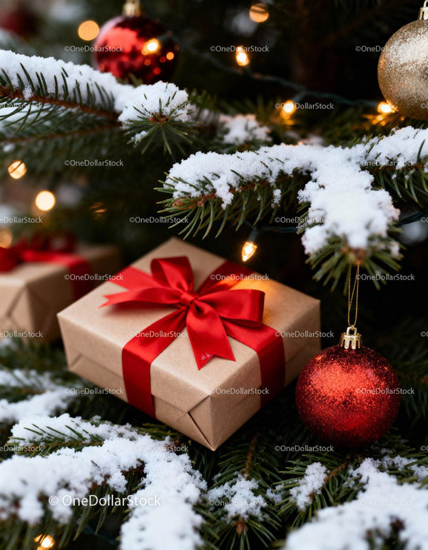 Wrapped Christmas Gift with Snow on Pine Tree Branch