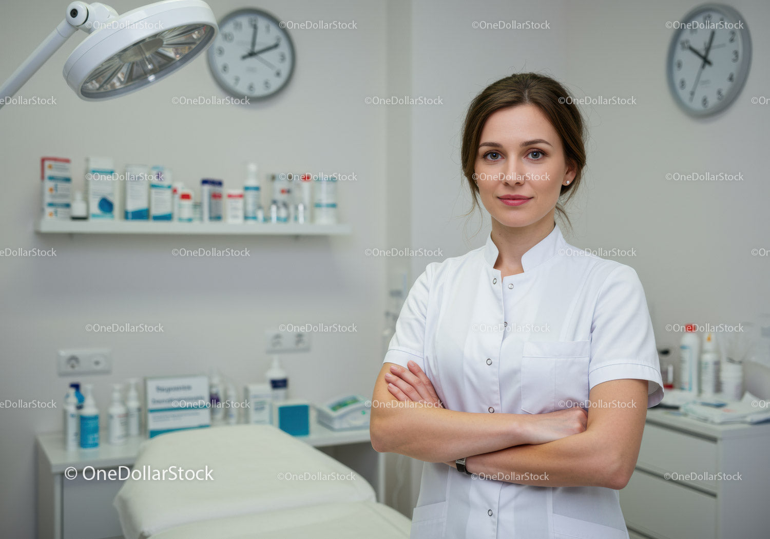 Profesjonalna pracownica służby zdrowia stojąca w nowoczesnej klinice medycznej