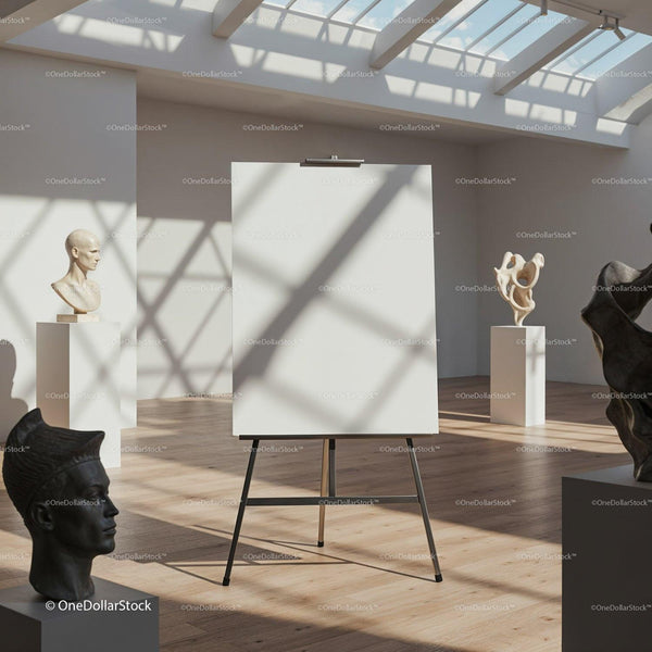 Empty canvas in bright modern art gallery space JPG Mockup Image