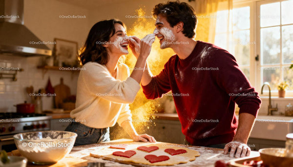Couple Playfully Baking Heart Cookies Together