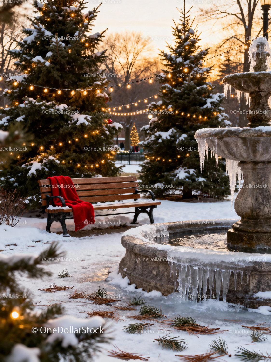 Cozy winter park bench near frozen fountain at sunset