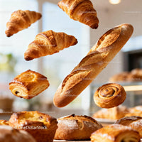 Assortment of Freshly Baked Pastries and Bread Floating