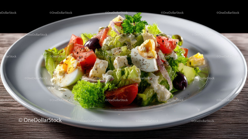 Fresh Vegetable Salad with Eggs and Olives on White Plate