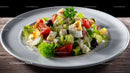 Fresh Vegetable Salad with Eggs and Olives on White Plate