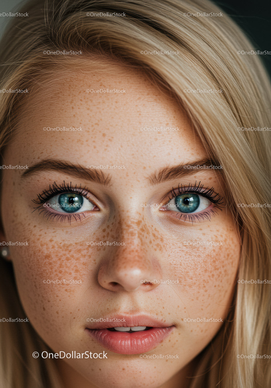 Close-up portrait of young woman with freckles and blue eyes