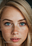 Close-up portrait of young woman with freckles and blue eyes