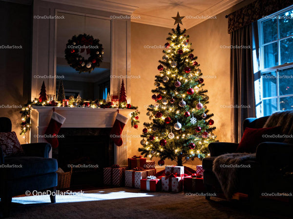 Cozy living room with decorated Christmas tree and gifts