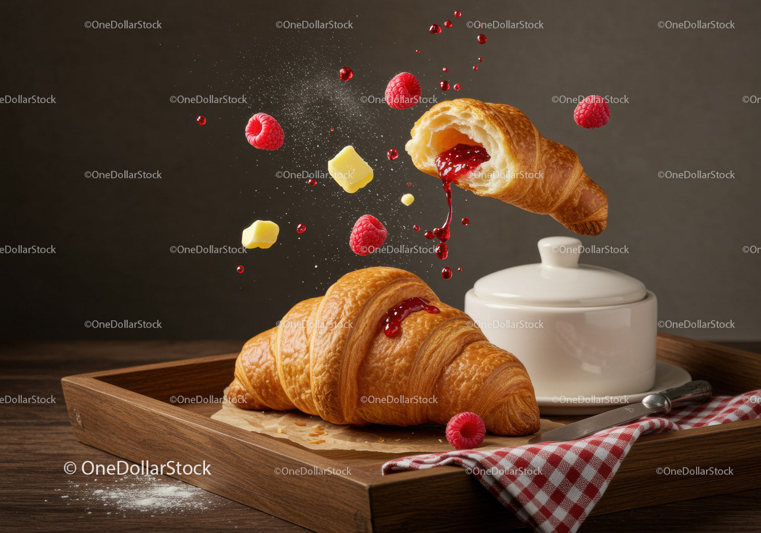 Fresh Croissants with Raspberry Jam and Butter Detail