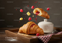 Fresh Croissants with Raspberry Jam and Butter Detail