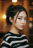 Stylish Young Woman with Winged Eyeliner and Striped Sweater in Urban Setting