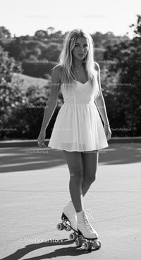 Young woman in white dress roller skating outdoors
