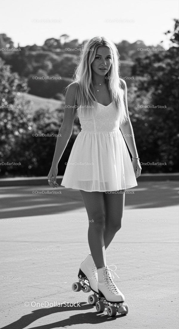 Young woman in white dress roller skating outdoors