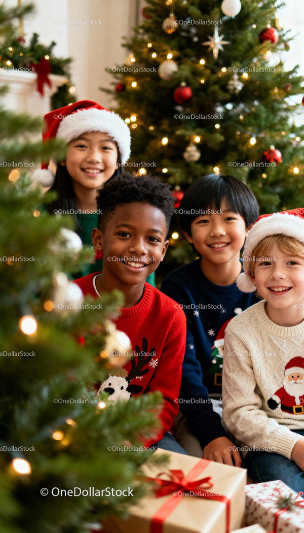 Smiling children celebrating Christmas by decorated tree