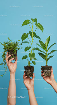 Hands Holding Three Green Houseplants with Roots Visible