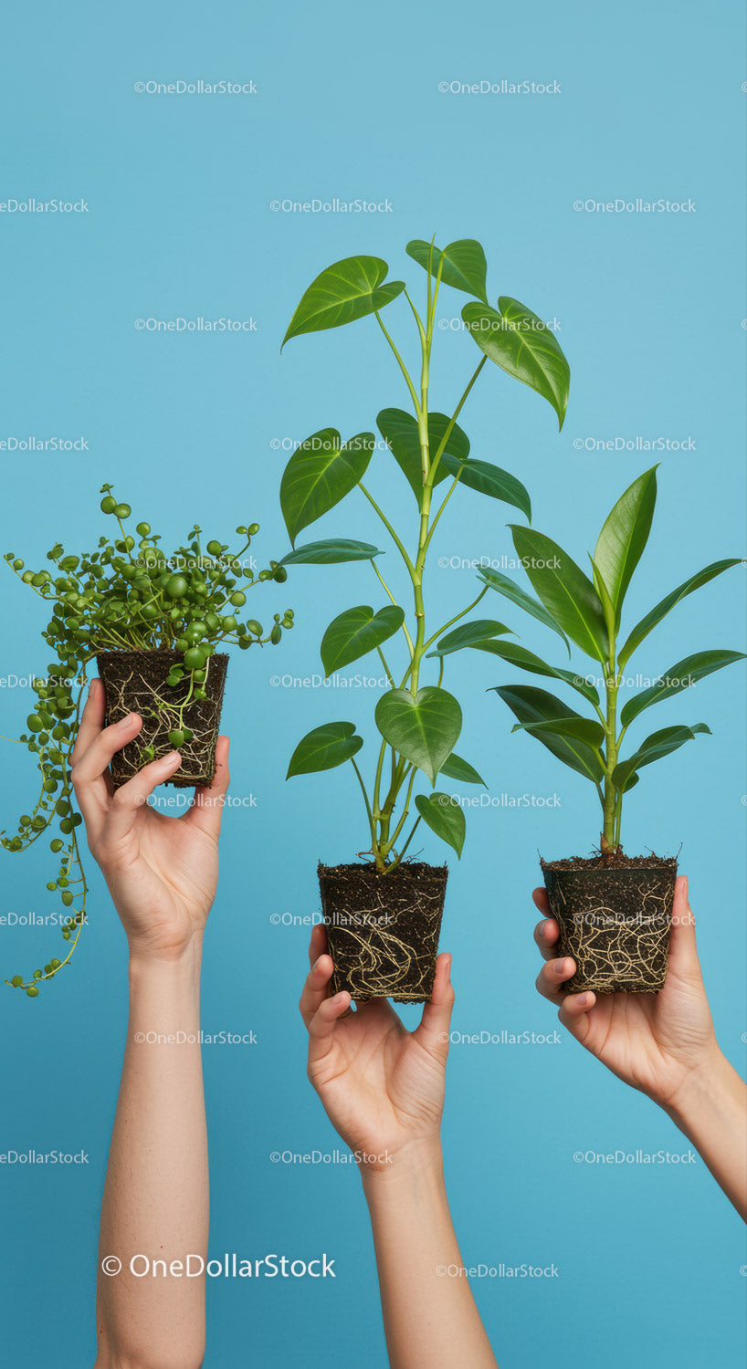 Hands Holding Three Green Houseplants with Roots Visible