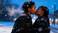 Couple Sharing Tender Kiss in Snowy Winter Evening