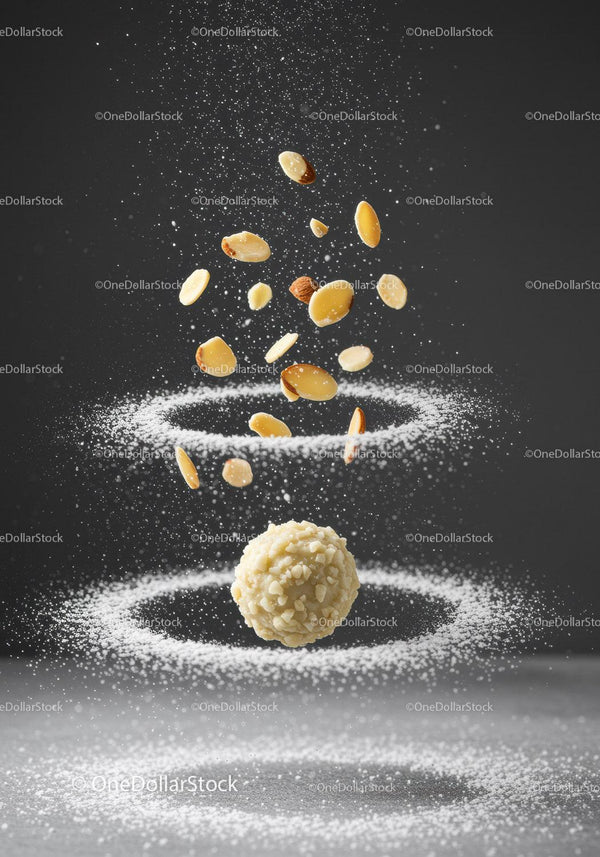 Chocolate truffle surrounded by flying almond slices and sugar